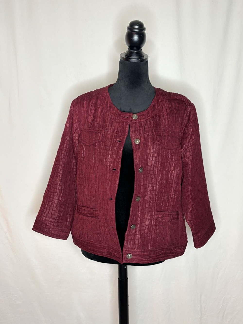 Ruby Rd. Burgundy Crinkle Alligator Embossed Textured Jacket Size 16